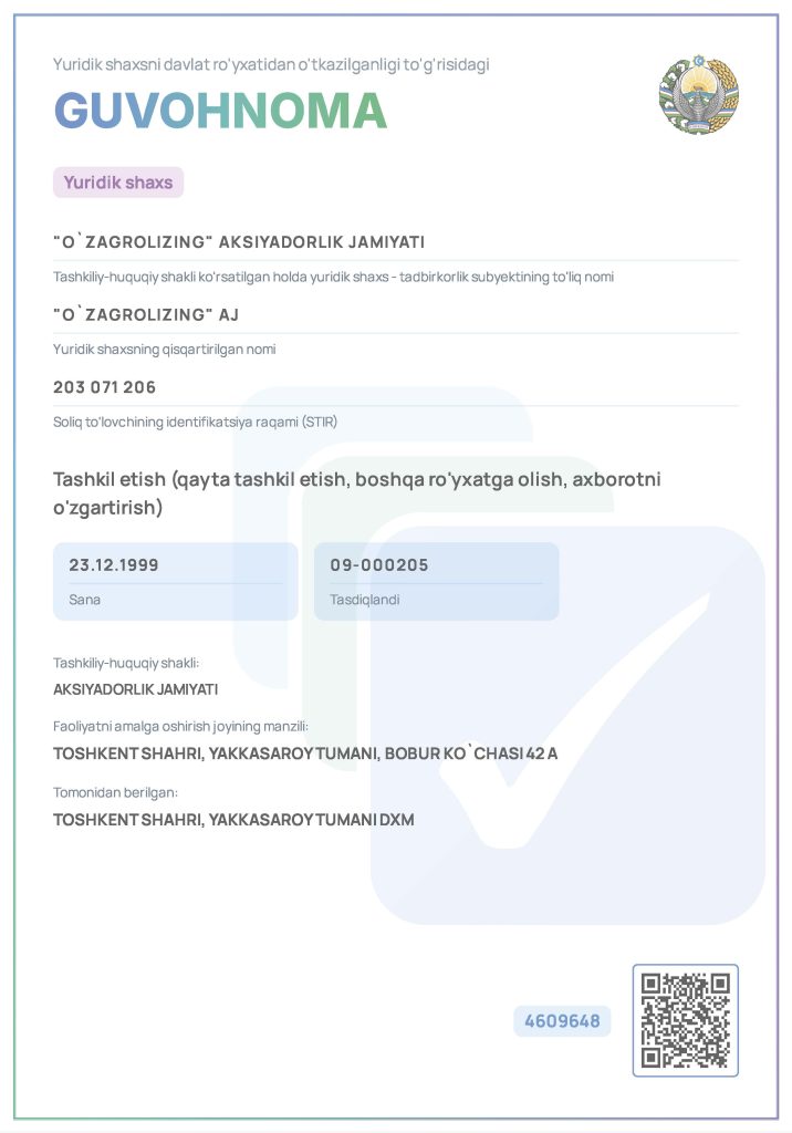 Davlat ro‘yxatidan o‘tkazilganligi to‘g‘risida guvohnoma